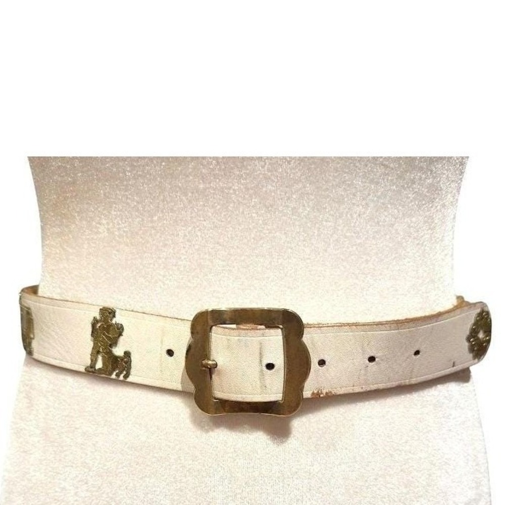 Vintage White‎ Leather Belt Brass Cow Herder Swiss Folk Art Cottagecore 33 Inch